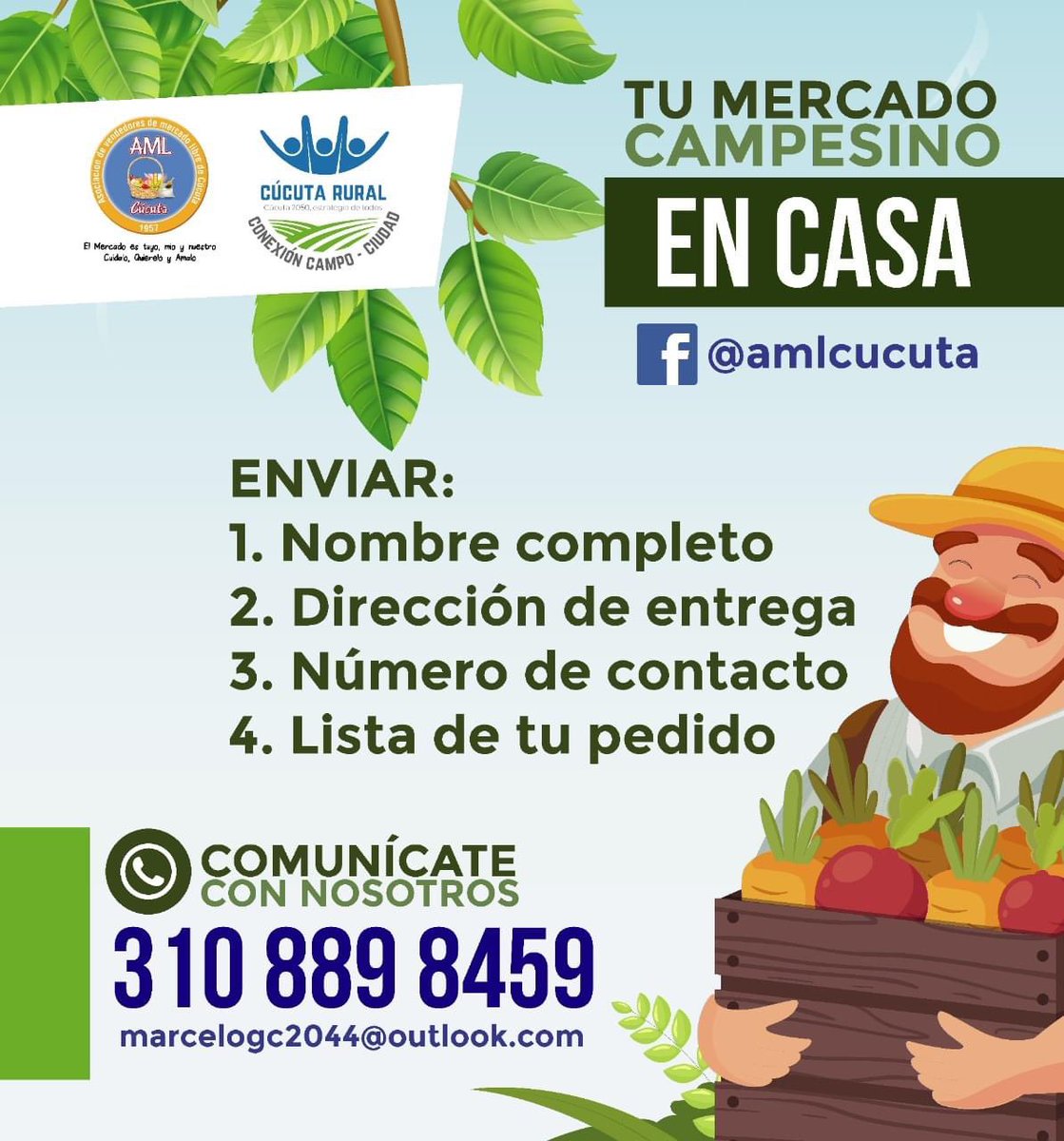 CuadrosFJC's tweet image. Buenos días. Acá tienen una opción para hacer mercado, directo de la zona rural de #Cúcuta, Campo-Ciudad. La Alcaldía de Cúcuta viene liderando la estrategia ‘Campo-Ciudad’, el mercado campesino en casa. #HechosSonAmoresYNoBuenasRazones #CompreLocal #CampoCiudad