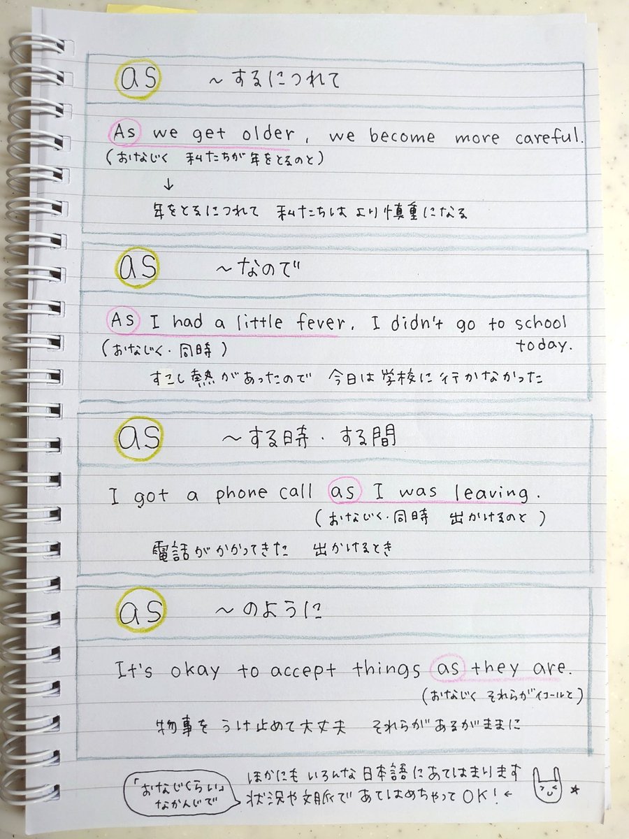 ゆうこ 接続詞の As です と同じくらい の文で習う As ちゃんとした英文 と ちゃんとした英文 をつなぐ接続詞としてもつかいます いろんな日本語に当てはまりますが 同じくらい のきもちは変わりません くわしくは えいごノート ゆうこ 接続詞の As です と同じくらい の文で習う As ちゃんとした英文 と ちゃんとした英文 をつなぐ接続詞としてもつかいます いろんな日本語に当てはまりますが 同じくらい のきもちは変わりません くわしくは えいごノート