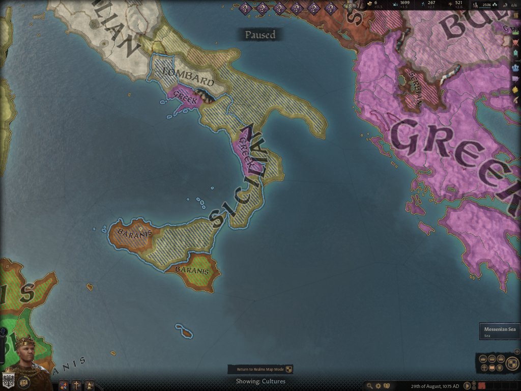 85. One interesting development: when I declared the Kingdom of Sicily, most of southern Italy spontaneously adopted Sicilian culture. I'm still a Norman. It may make sense for me to adopt Sicilian ways, to fit in better with the majority of my subjects.