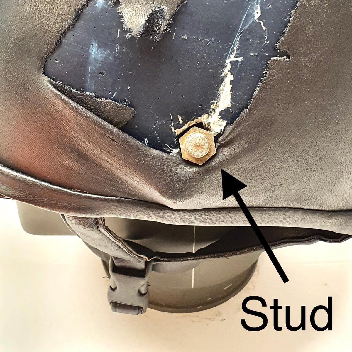 manewitness's tweet photo. Photos of Laura Kraut’s helmet after her horse, who was wearing studs, STEPPED. ON. HER. HEAD. 

She was fine and back in the show ring shortly after. 

Wear your fkn helmets. https://t.co/gJyQmQI4P1