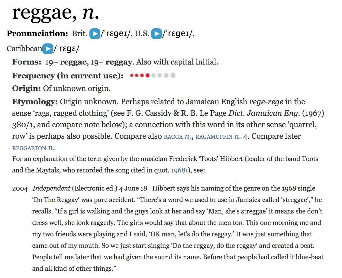 RIP, Toots Hibbert, originator of the term "reggae." The Maytals' 1968 song "Do the Reggay" is credited in the  @OED with the first known use, originally referring to a kind of dance. Toots, when asked later, said it came from a Jamaican word "streggae" meaning "raggedy." 1/