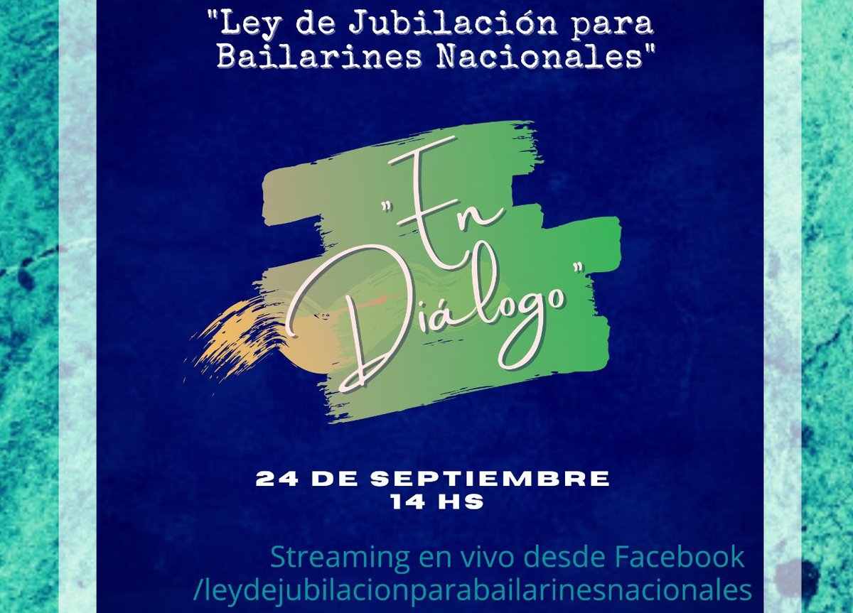 LeyJubilacionBN's tweet photo. 🔵 “En Diálogo” 
📍24/09📍14hs.
Transmisión “en vivo” por nuestra página de Facebook .
👉 Participarán autoridades nacionales, senadores y diputados que avalan el proyecto, médicos especialistas en la materia, referentes de la 
danza del país y bailarines del BFN y CNDC. https://t.co/R1Hbv37yx9