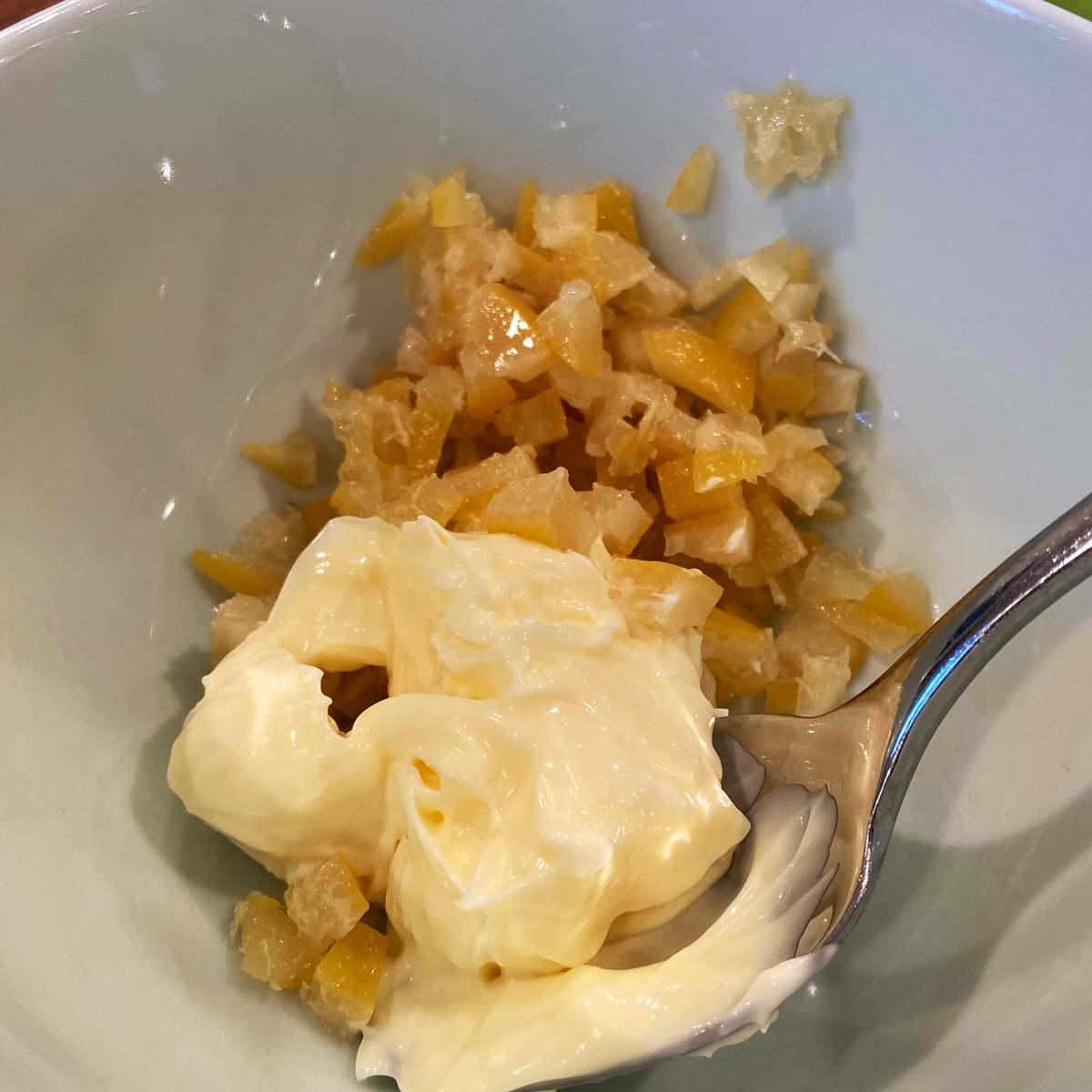 Let’s start with these diced preserved lemons, because of course I’m going to add lemons to them. Stir in mayo because something has to hold it all together.“That smells good!” says 3.She’s a pathological liar.