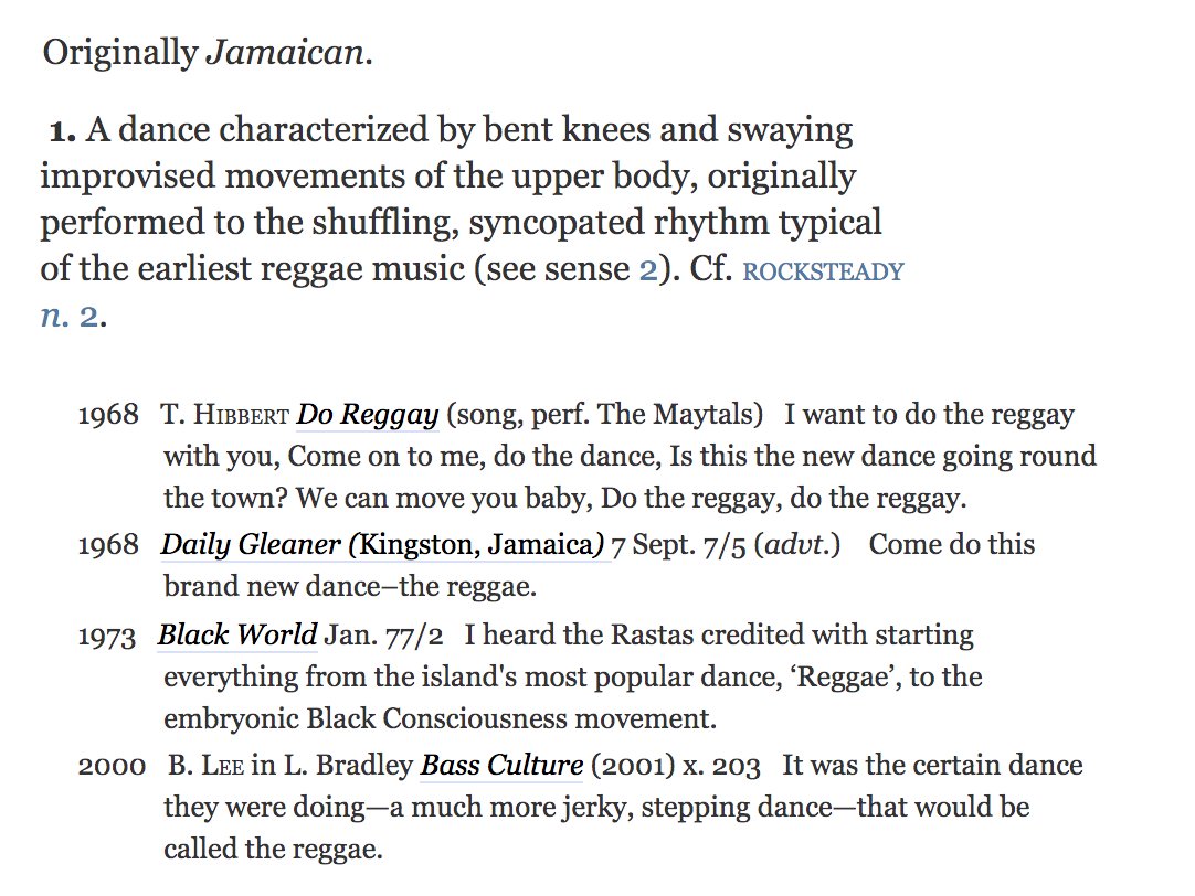In any case, the word "reggae"/"reggay" originally referred to "a dance characterized by bent knees and swaying improvised movements of the upper body, originally performed to the shuffling, syncopated rhythm typical of the earliest reggae music," as the  @OED puts it. 4/