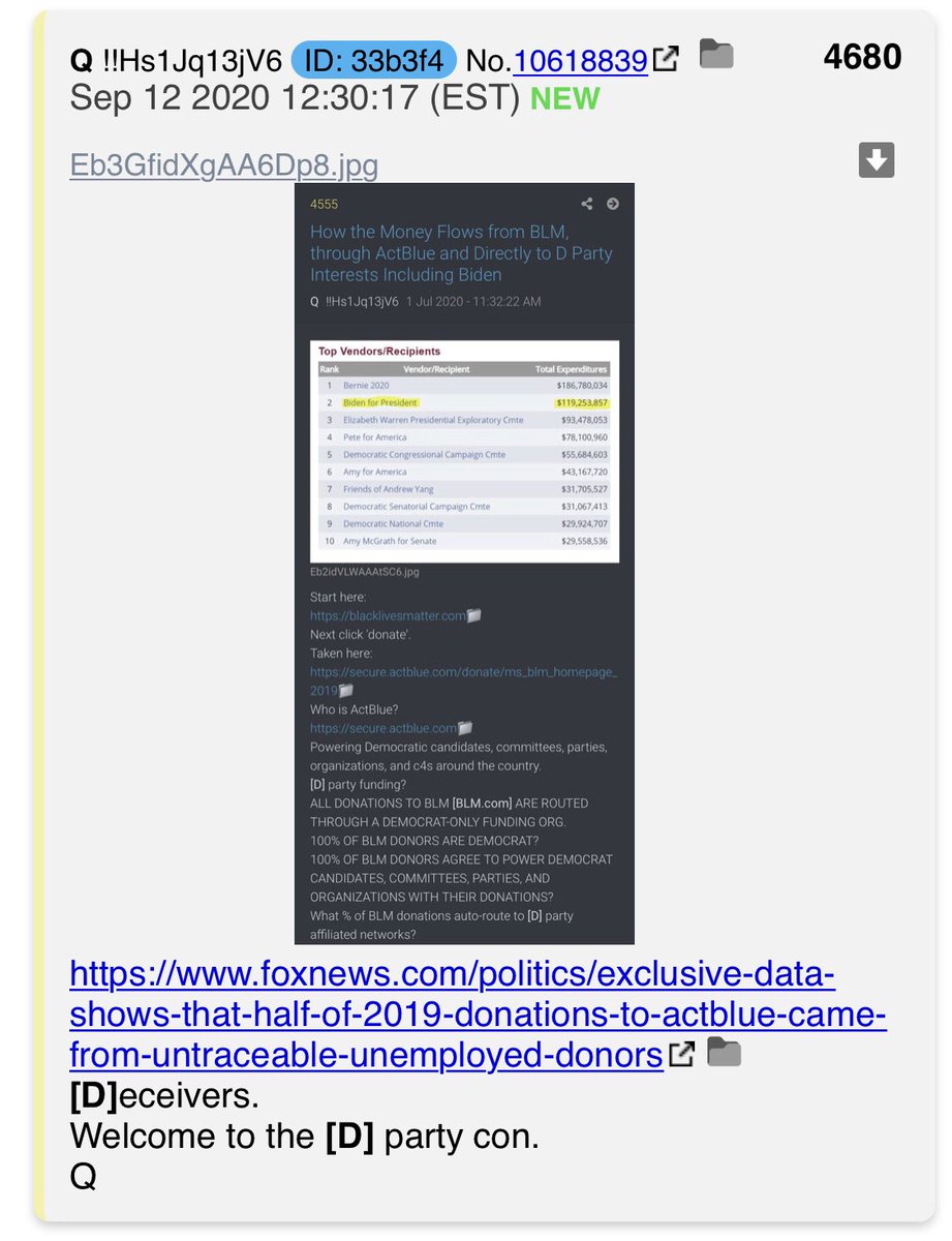 4680- https://www.foxnews.com/politics/exclusive-data-shows-that-half-of-2019-donations-to-actblue-came-from-untraceable-unemployed-donors[D]eceivers.Welcome to the [D] party con.Q