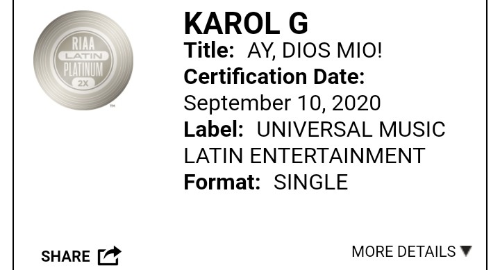 RIAAcert's tweet photo. Ay, Dios Mio! by @karolg was certificated Double Platinum (Latin) (120,000) 💿💿
#RIAA #KarolG #AyDiosMio #Latin #Platinum https://t.co/TppBY0hPRl