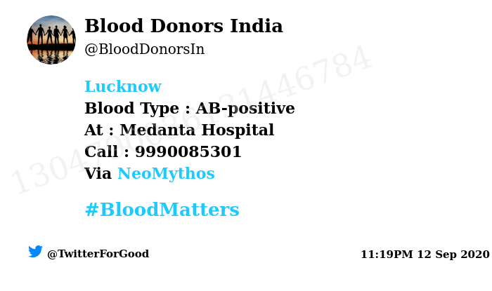 BloodDonorsIn's tweet photo. #Lucknow
Need #Blood Type :  AB-positive
At : Medanta Hospital
Blood Component : Platelets 
Number of Units : 4
Primary Number : 9990085301
Secondary Number : 9891422055
Patient : Hari Shanker Shukla
Via: @NeoMythos
#BloodMatters
Powered by Twitter https://t.co/4vnuwUhQV6