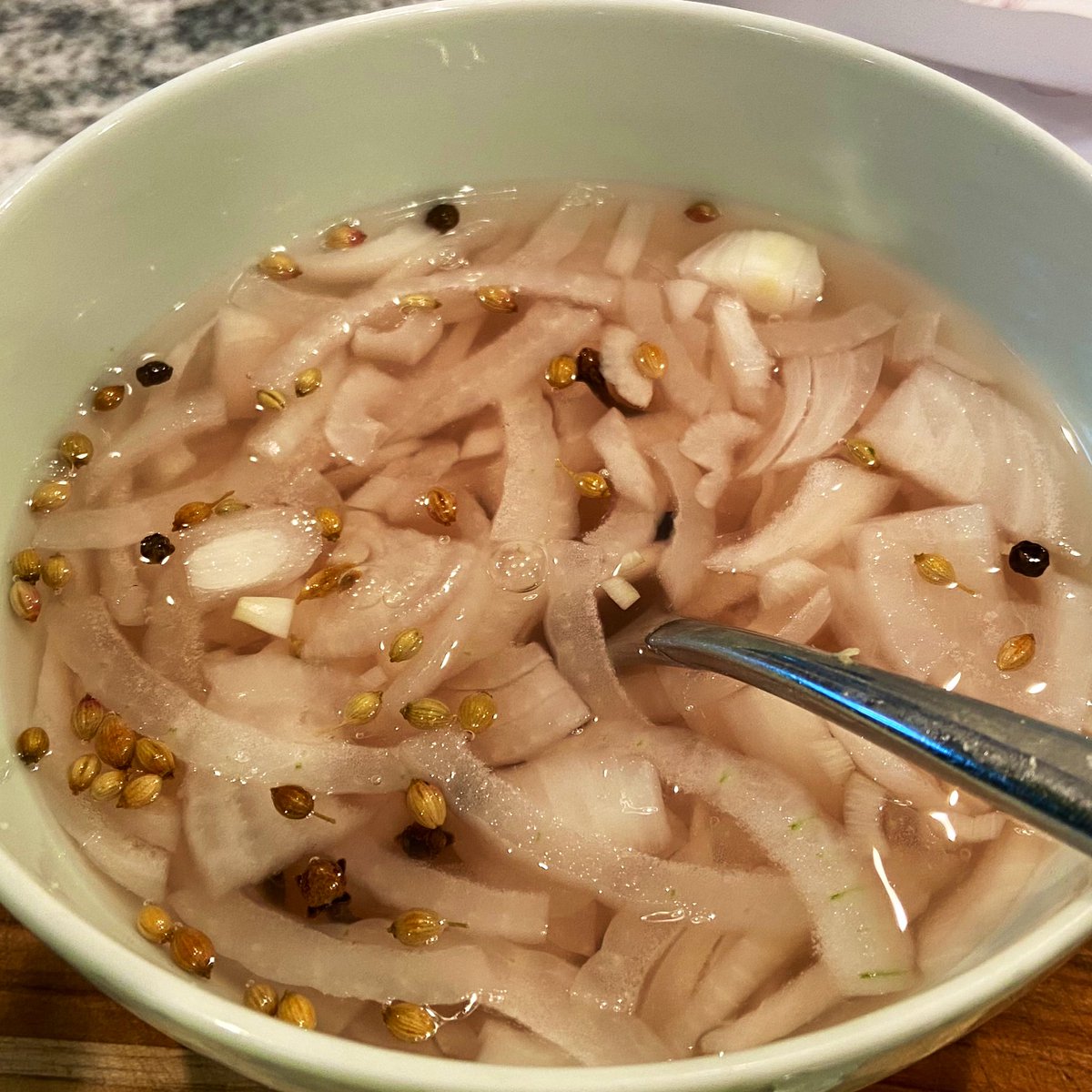 This is going to need some tang. So I make some quick pickled onions, toss it in with the chopped sardines, add some capers, and fresh grind some black pepper.I have the undivided attention of both kids. They ask to eat some coriander seeds and like it so I know they’re hungry.