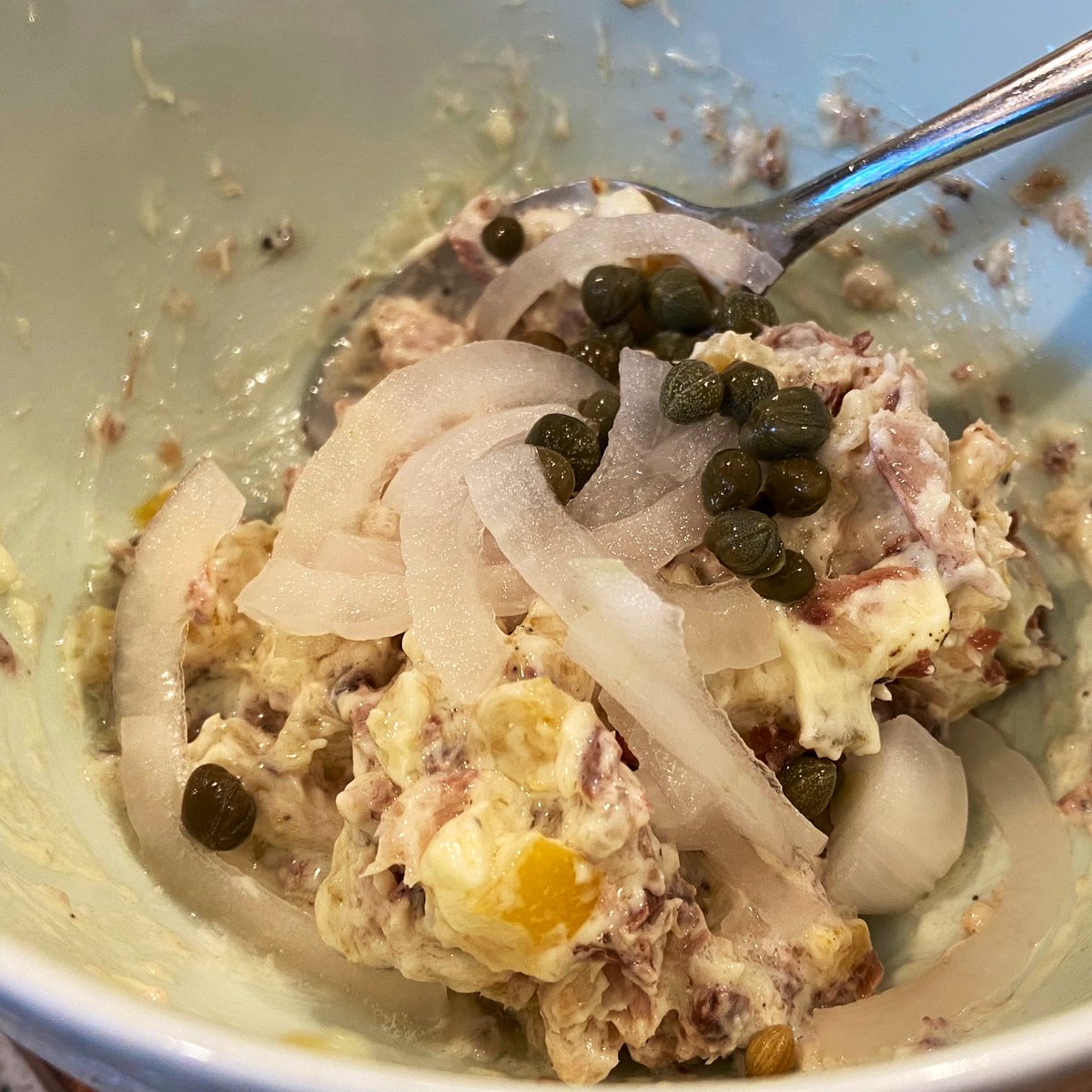 This is going to need some tang. So I make some quick pickled onions, toss it in with the chopped sardines, add some capers, and fresh grind some black pepper.I have the undivided attention of both kids. They ask to eat some coriander seeds and like it so I know they’re hungry.