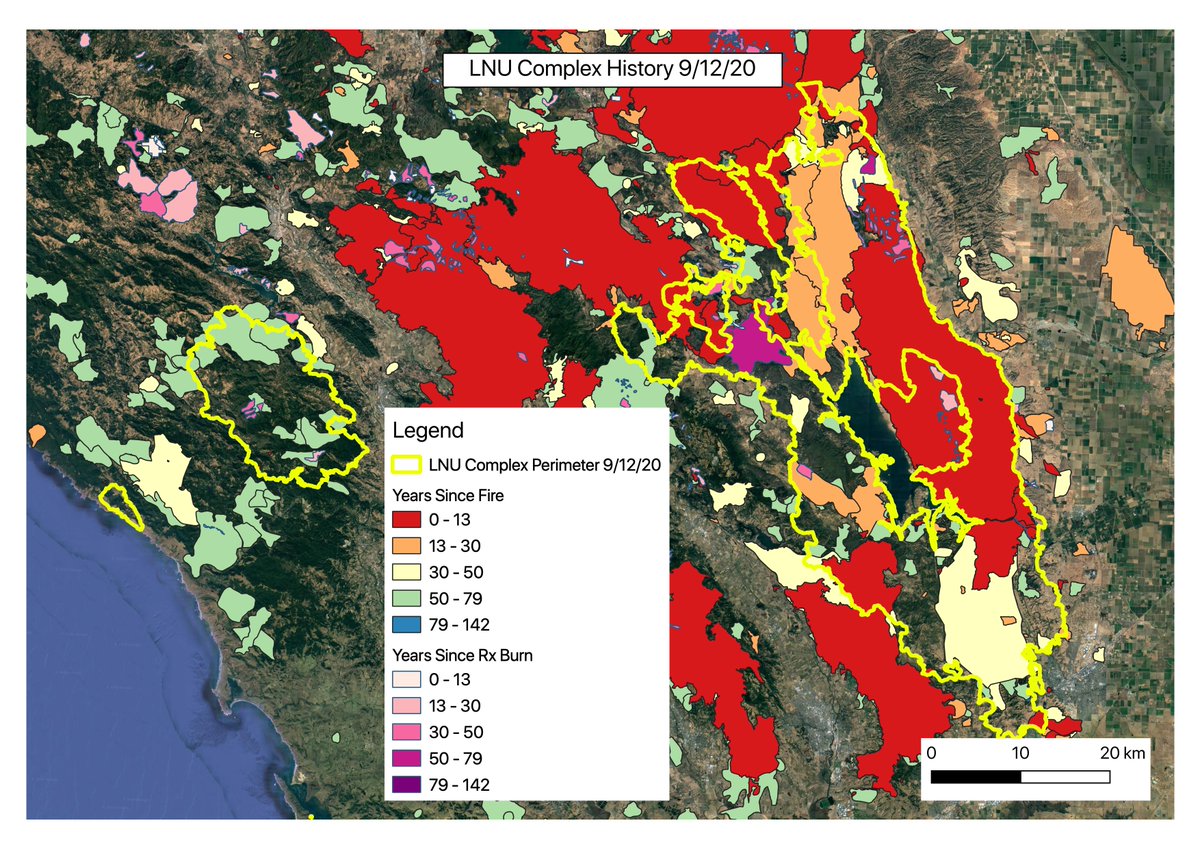 LNU up first. Yellow is current perimeter, colors are past fires, colored to show how long ago it happened (intervals fairly arbitrary). A huge portion of the area has burned in the last 30 years, most in the last 5 yrs. Some areas that haven't burned in a long time, though.