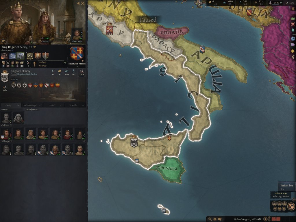 79. Finally, by 1075, nine years into the game, I have the money to declare myself King of Sicily. I now have a valid claim to all of southern Italy, no matter who holds it. And my heir William will inherit that throne, even if I end up with other sons to claim my lesser titles.