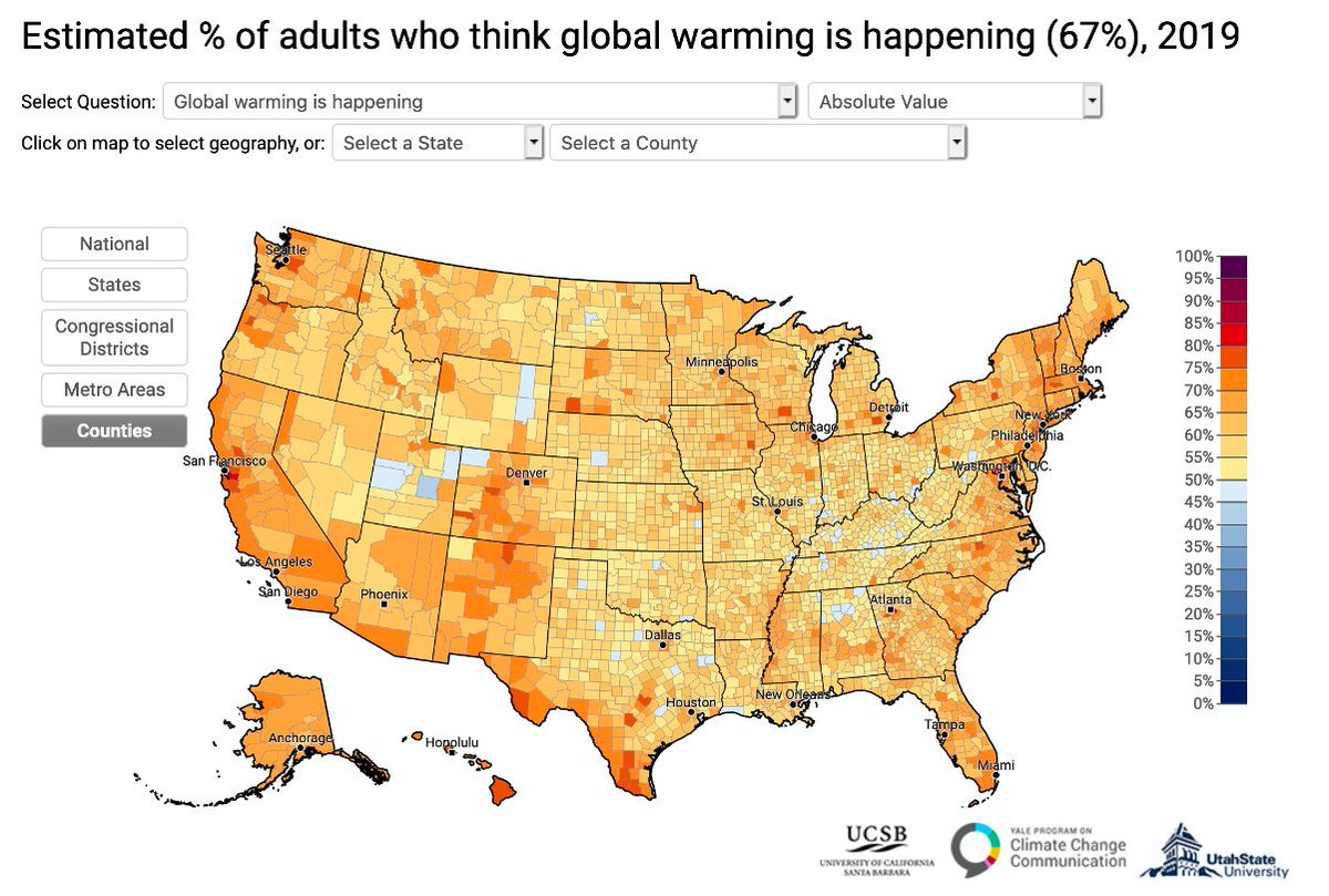 1. Is global warming happening? Numbers have jumped from 67% (left) to 72% (right) and opinions have solidified across the middle and eastern US where many were formerly doubtful.