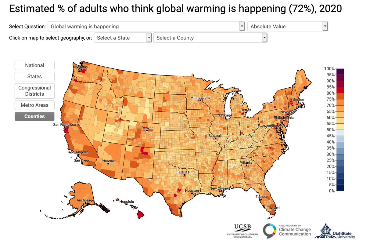 1. Is global warming happening? Numbers have jumped from 67% (left) to 72% (right) and opinions have solidified across the middle and eastern US where many were formerly doubtful.