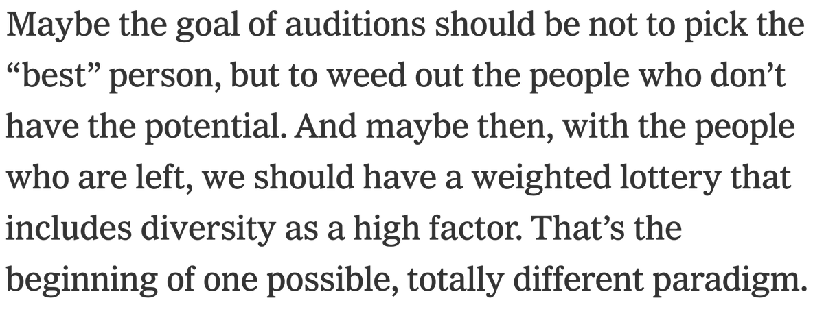 ED YIM, pres of  @AmerCompOrch Calls out the "culture fit" bs that plagues American hiring managers as often as orchestras. Also proposes a system where applicants who fit a minimum standard are entered into a lottery, weighted by diversity. (meh for me, but keep swingin'!!)