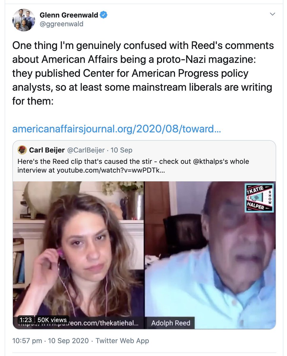 Recently Adolph Reed revealed that he was offered $2000 by American Affairs journal but he declined it because he didn't want to write for an actual Nazi publication. As he reveals, AA is deliberately cultivating lefties to launder its image. Guess who has come to its defence?