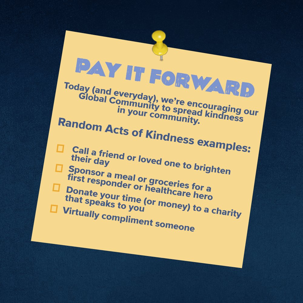 Sticky note tagged to board inviting all in our Global community to help spread compassion by doing random acts of kindness in your community