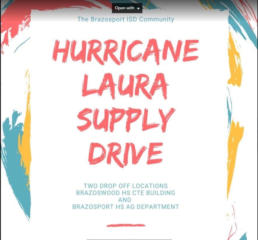 Help support hurricane Laura victims. You may drop off non perishable supplies between 3:00-5:00 PM 9/10-9/25 directly to the trailer at the CTE buildings. For questions you may contact lauren.white@brazosportisd.net #FFAProud #BISDPRIDE #laurarelief