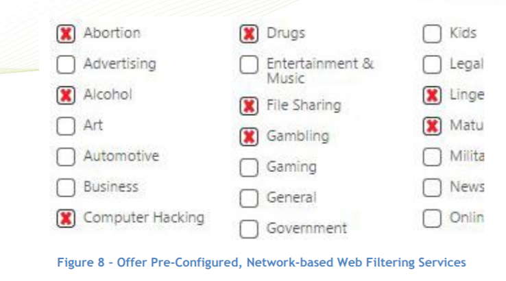 Sandvine offers network operators the ability to block websites by category, such as drugs, news, alcohol, gaming, abortion, & computer hacking, as this image from a company doc shows: