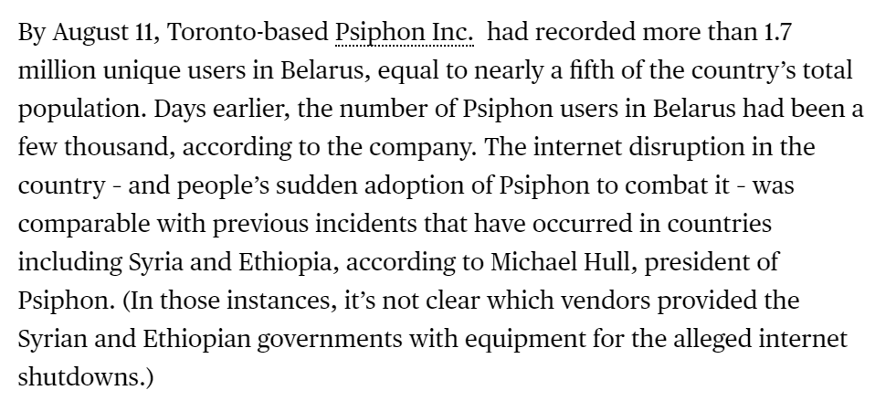 In Belarus, some VPNs were blocked, but Psiphon was not, & it was widely used by Belarusians to circumvent the censorship, as I previously reported:  https://www.bloomberg.com/news/articles/2020-08-28/belarusian-officials-shut-down-internet-with-technology-made-by-u-s-firm