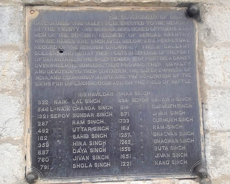 A present day tablet remembers 21 Soldiers of 36th SikhsHere on Samana Ridge, in a prelude to Tirah Campaign of 1897, was fought an epic battle where a detachment of 36 Sikhs, 22 gallants under Hav Ishar Singh met a tribal lashkar of thousandsThey fought to Last Man Last Round