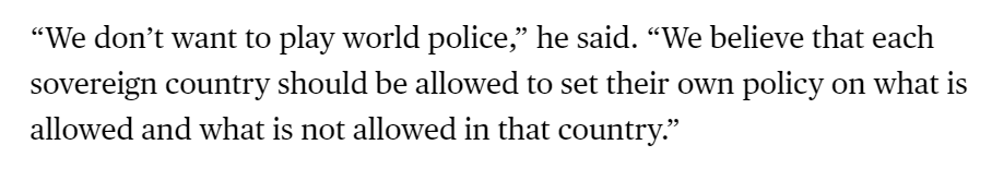 The company declined to comment. But told employees on Thursday it didn't consider blocking access to websites a human rights violation & didn't want to play "world police" by telling countries what they could & could not block.