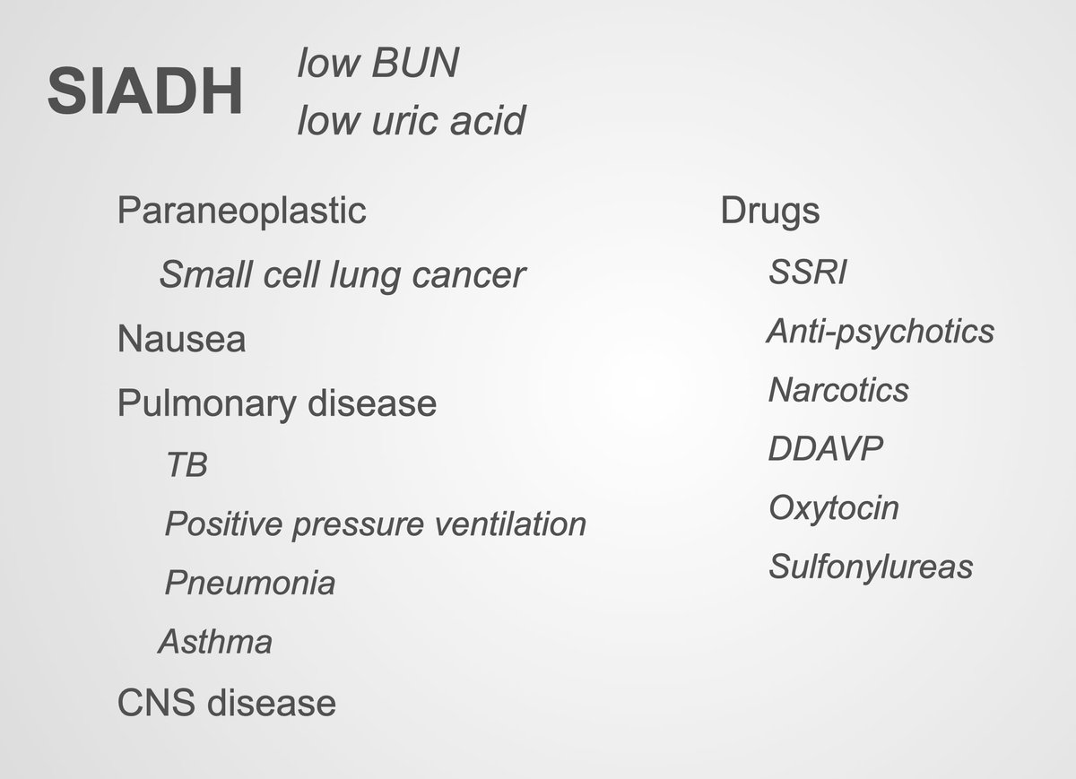 10c/ ADH can be 𝗻𝗼𝗻-𝗽𝗵𝘆𝘀𝗶𝗼𝗹𝗼𝗴𝗶𝗰 (euvolemic):Adrenal insufficiency Hypothyroidism (probably doesn't exist,  https://www.ncbi.nlm.nih.gov/pmc/articles/PMC4470237/)SIADH (it's usually this)