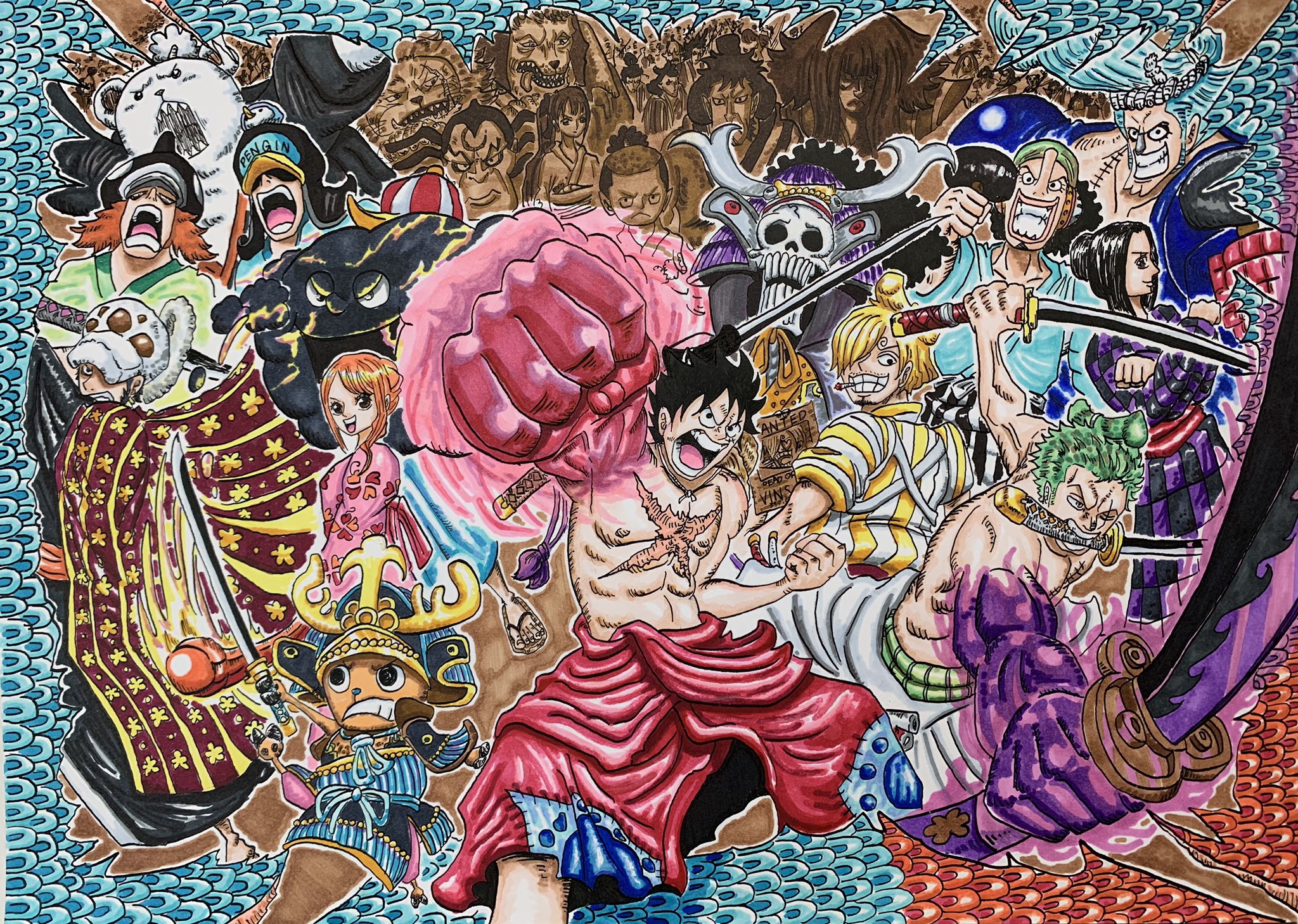 キルハ 過去絵 テーマ 討ち入り 原作ではおでんの回想に入る前の ルフィがちょうど流桜を習得した所ら編でした 結構カッコよく描けたので この絵で初めてugkに応募しました 97巻に載ってるといいな ワンピース イラスト ワンピース