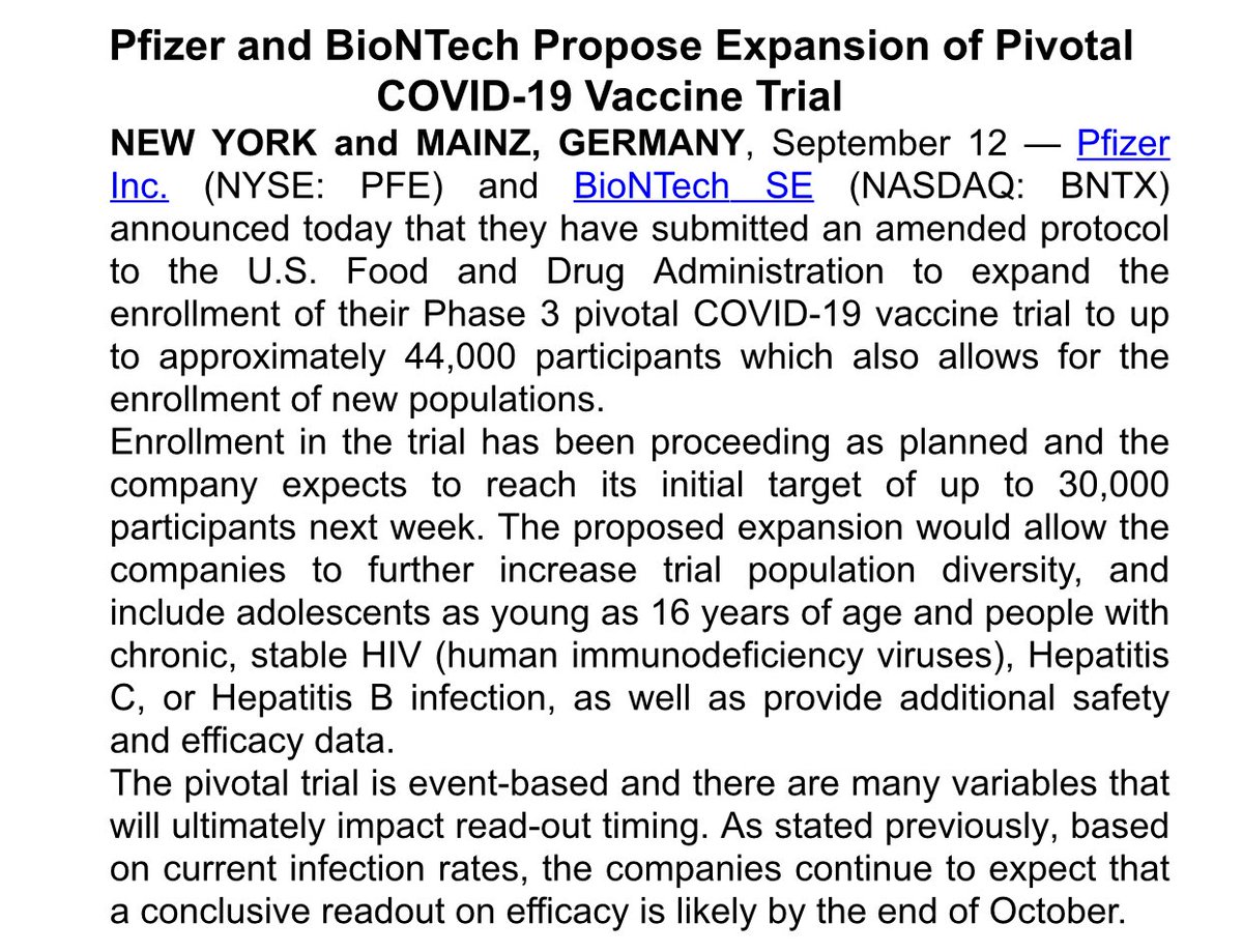 megtirrell's tweet image. Pfizer/BioNTech are expanding the size of their phase 3 #covid19 vaccine trial to 44k from 30k to increase diversity and include people with other viral diseases.

Still expect efficacy data potentially by the end of October.