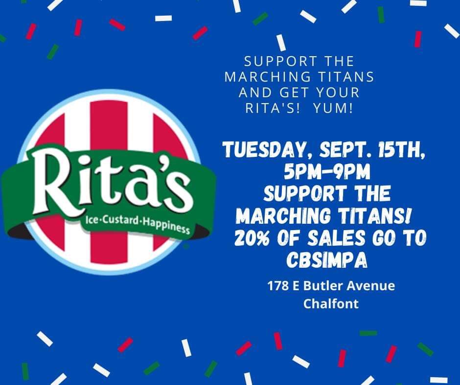 CBSouthBands's tweet photo. Tuesday night! Get your Rita’s on Butler Ave in Chalfont! CBSMT members should get some before practice! Feel free to buy an extra for your favorite staff member (@BrianCoxCB)!! https://t.co/v38qAWiZTJ