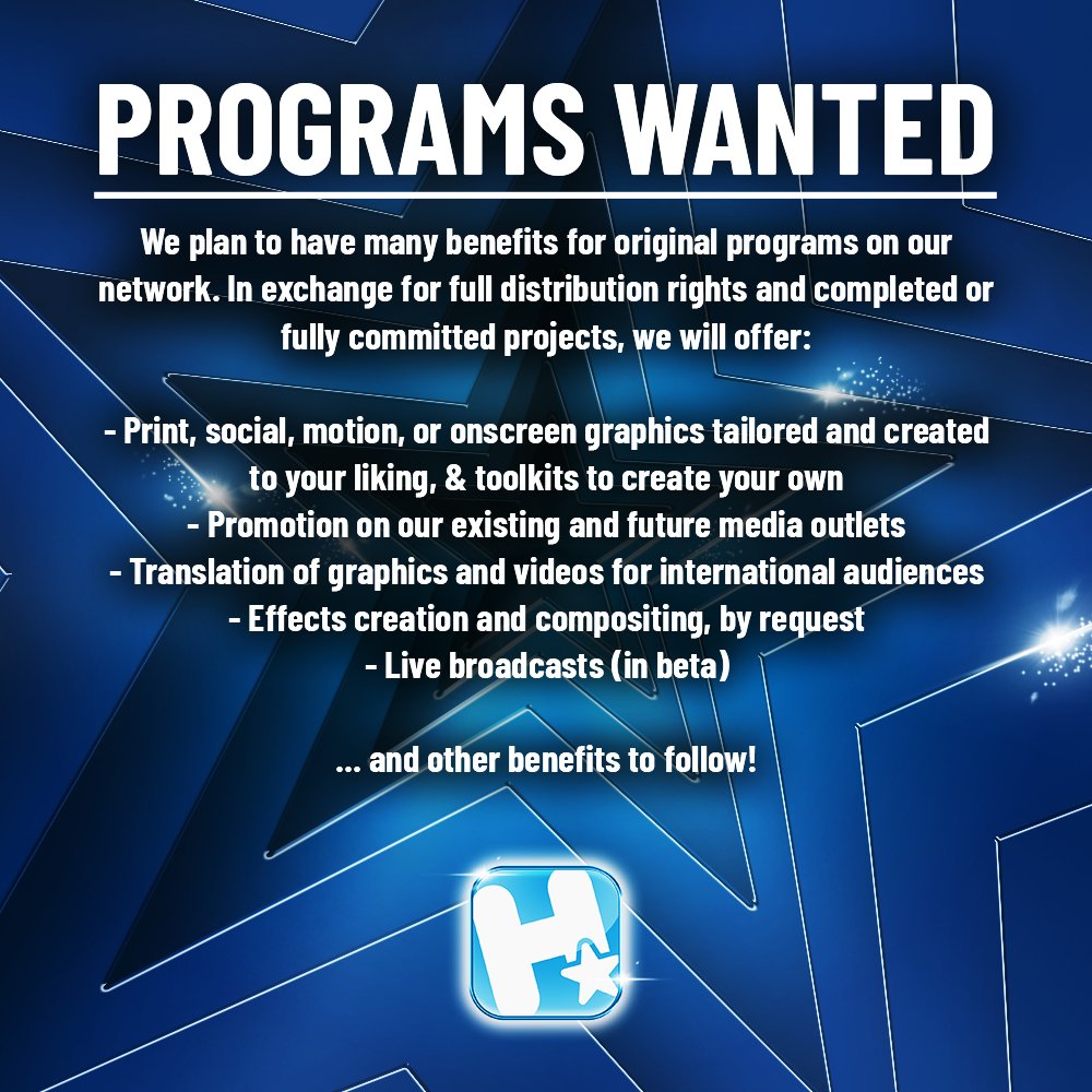 HABSTARtv's tweet photo. PROGRAMS WANTED

In anticipation of our launch, we are looking to acquire scripted and unscripted fare for our network.

If you have a series, movie, or event that you want distribution, commitment, and marketing for, please check out our slideshow below! https://t.co/bvUo2KdxuM