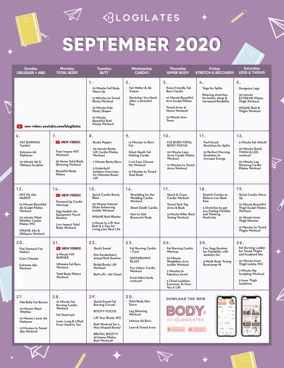 othfit's tweet image. The Blogilates September 2020 Workout Calendar! buff.ly/2R2xAGB by @blogilates