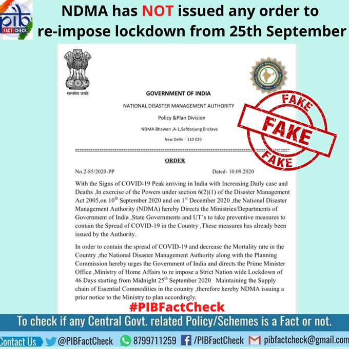 A stamp with the word Fake on an order purportedly issued by National Disaster Management Authority. The order claims that NDMA has directed the government to re-impose a nationwide Lockdown from 25th September