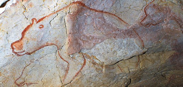 Cave bears went extinct around 25,000 years ago, but their image was captured in Paleolithic carvings and cave paintings like this masterpiece from Chauvet Cave, painted ~32,000 years ago in France. Pic by Jean Clottes.