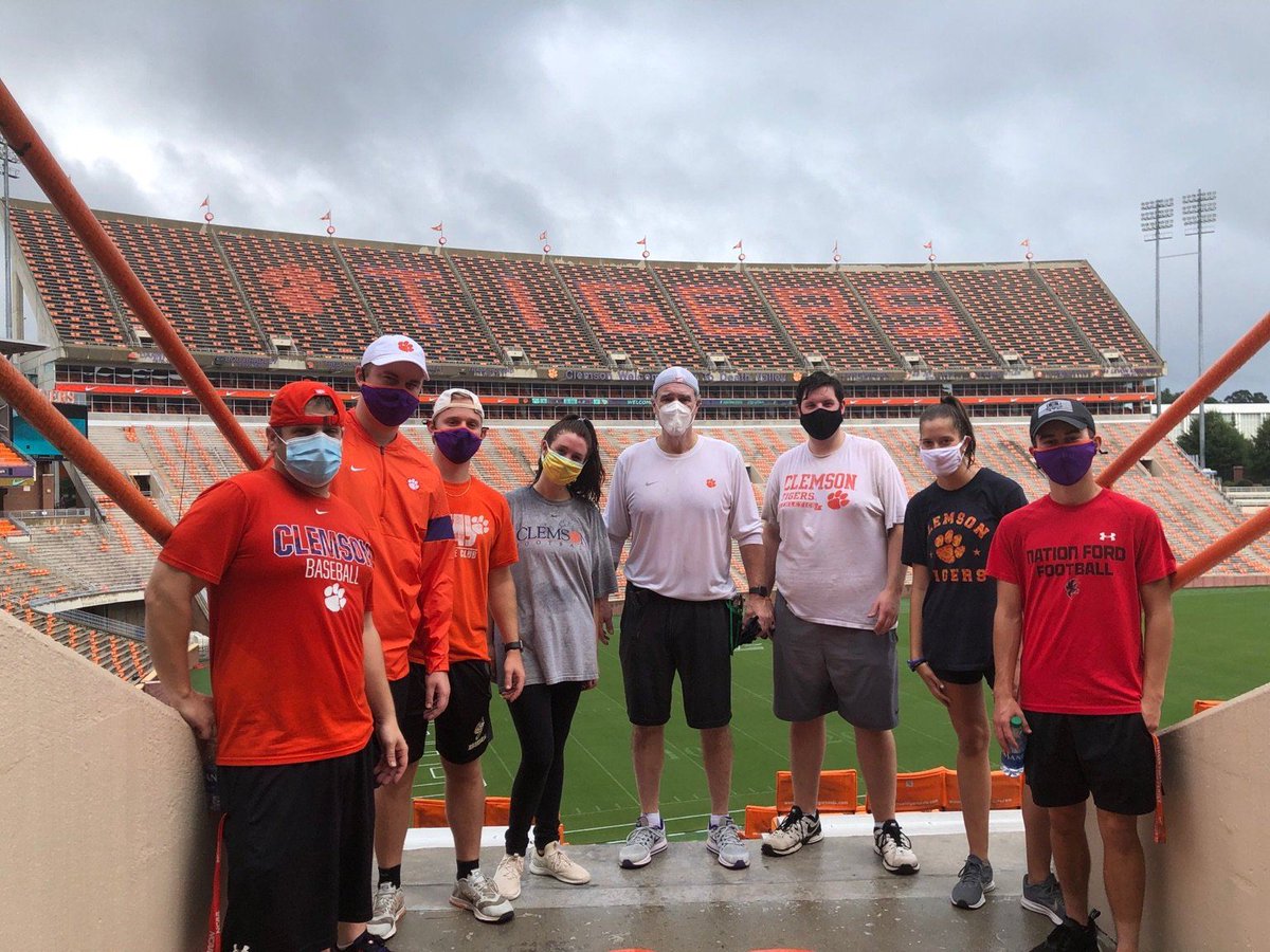 ClemsonTigers's tweet photo. During the past several days, volunteers from CUAD staff &amp; student organizations have placed distanced seats in the Valley. 

Even @ClemsonDRad was out here! Our thanks to those who pitched in, and excited to see safely host the #ClemsonFamily in one week!! https://t.co/3bEroD9PsF