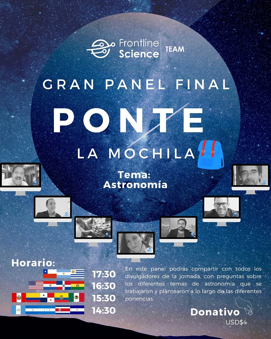 ComAstronomica's tweet photo. como divulgadores nos sumamos a #PonteLaMochila 🎒Te invitamos a participar del ciclo de charlas organizadas por @FrontlineScien1 en apoyo a #MochilerosAstronómicos ☄️💫✨
13 de septiembre 2020 🔭☀️ https://t.co/H4xMwideop
