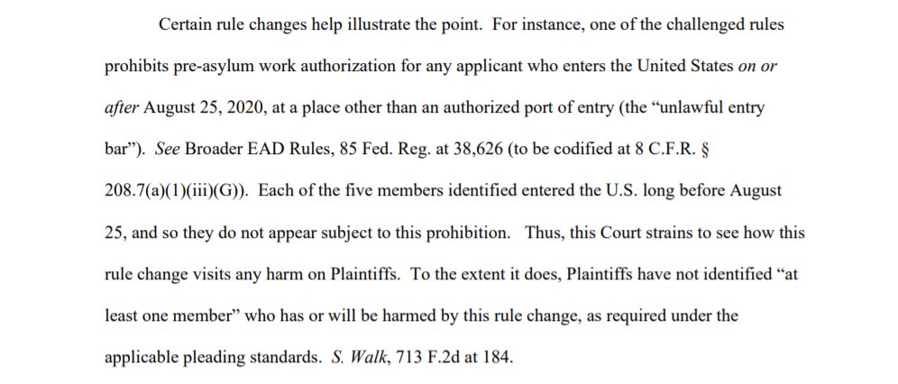 The lack of organizational standing and limit only to representation standing is particularly damaging here because it meant that Judge Xinis did NOT enjoin some of the worst aspects of the asylum EAD rule, like the ban on work permits for people who cross between ports of entry.