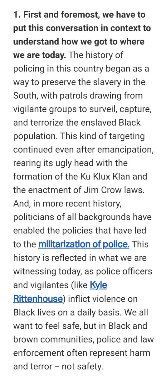 1) "The history of policing in this country began as a way to preserve the slavery in the South..." No. Most historians state that cities in northern free states created the first police forces to deal w/urbanization crime issues. Rural Southern slave patrols had no such duties.