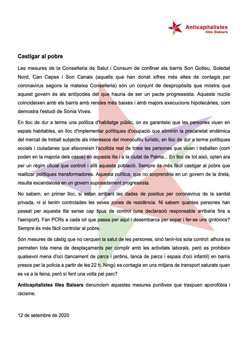 AnticapIB's tweet photo. Comunicat d'Anticapitalistes Illes Balears davant les darreres mesures del Govern balear de confinament selectiu de barris a Palma. https://t.co/AVz7lgIP5N