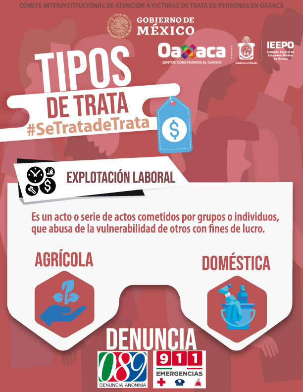 La explotación laboral consiste en trabajos forzosos principalmente en sectores como el de la agricultura o el servicio doméstico. 

Identifica y denuncia al 911 o al 089. 
#SeTrataDeTrata