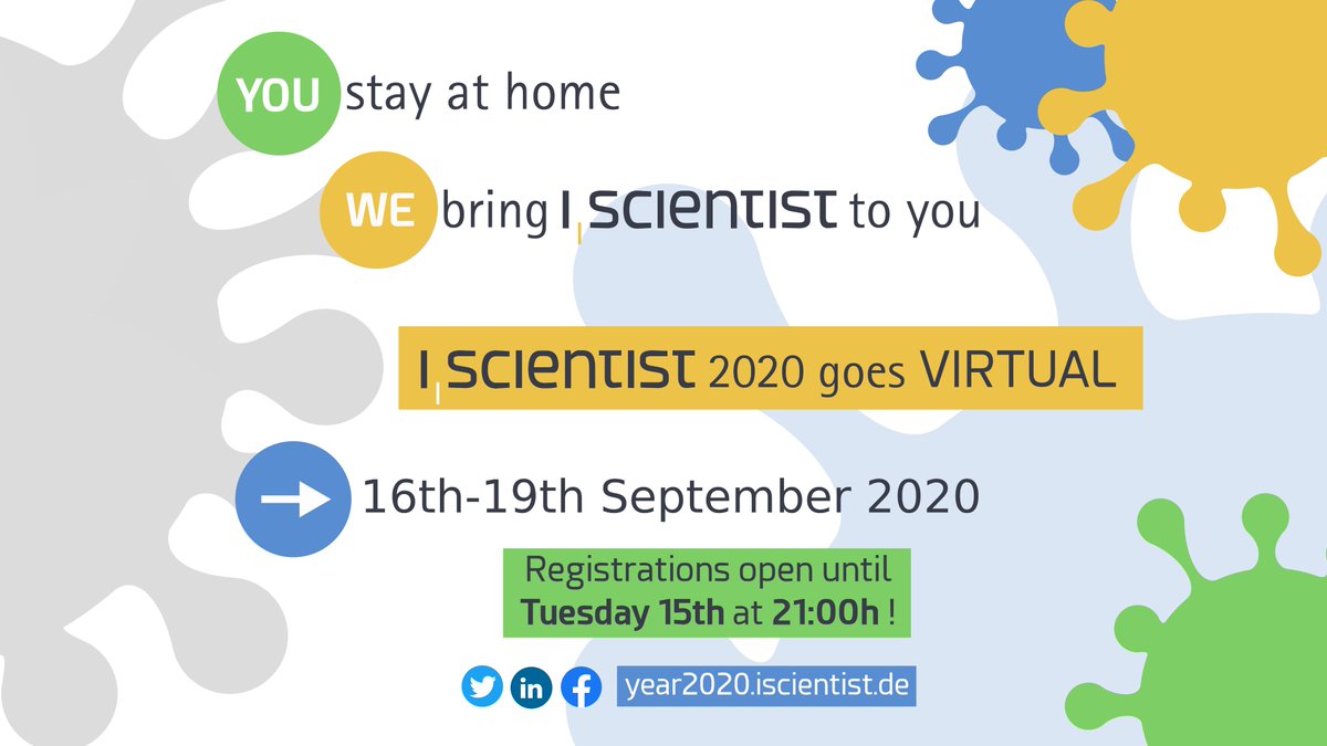 Last chance to register to #iscientist20! We are committed to raising awareness to issues of equality and representation in science 👩🏾‍🔬👩🏾‍💻 and enabling creative solution approaches to these issues. Join us!

Tickets here👉hopin.to/events/i-scien…
More info:  year2020.iscientist.de