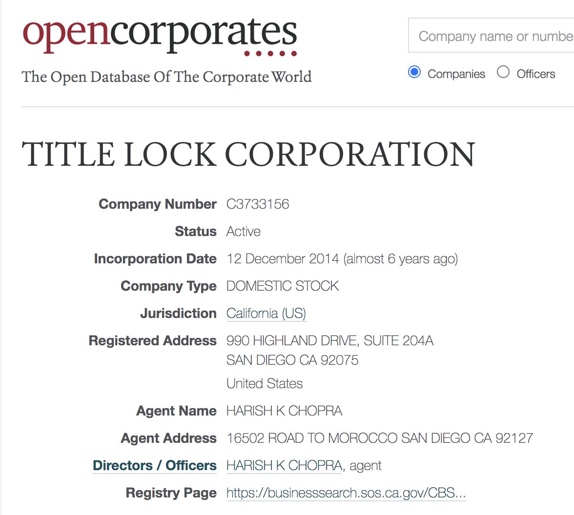 Title Lock Corporation, which Giuliani recently plugged in an August 2020 video, was incorporated by Harish K. Chopra in 2014 https://opencorporates.com/companies/us_ca/C3733156
