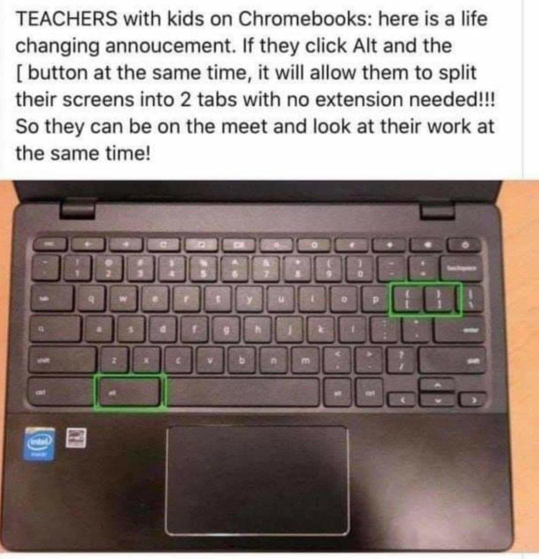 LeeAraoz's tweet photo. Check out this split screen shortcut for Chromebooks!👇🏼
#onlinelearning #distancelearning  #remotelearning #RemoteTeaching https://t.co/1ktmRCQzsk