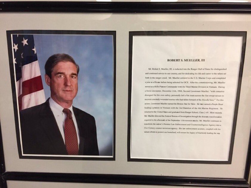 funder's tweet photo. On 12/11/68 Capt Robert Mueller, with complete disregard for his own safety, personally led a team to recover the body of a dead American soldier behind enemy lines. This info is on Mueller’s plaque which is hung in the Army Ranger Hall of Fame. I’d trust him over Trump ALWAYS. https://t.co/IQRSbiaXqr