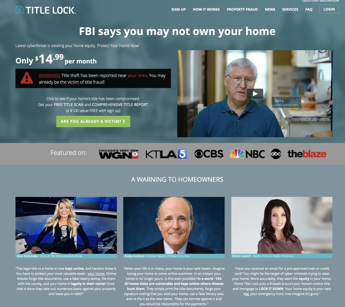 Rudy Giuliani recently did an ad for Home Title Lock @z3dster noted here that a doc Giuliani says is a legal title to a home in CA is actually a vehicle title: https://twitter.com/z3dster/status/1292839634486153217?s=20Bill O'Reilly and Dana Loesch have also been spokespeople for this company, so I looked at it