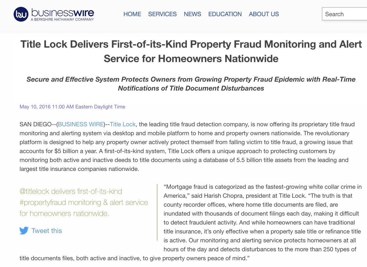 Title Lock is described in this 2016 press release as a service that protects owners from title fraud by monitoring a database of 5.5 billion assets for title insurance companies nationwide https://www.businesswire.com/news/home/20160510005531/en/Title-Lock-Delivers-First-of-its-Kind-Property-Fraud-Monitoring