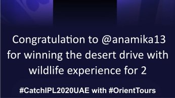 Congratulations to <a href="/anamika13/">mita</a> for winning the desert drive with 
wildlife experience for 2 with #orienttours

#ipl #ipl2020 #ipl2020uae #catchipl2020uae #giveaway #prize