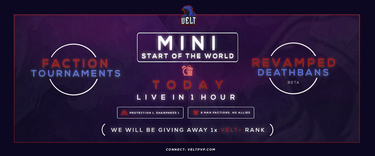 VeltPvP's tweet image. VeltPvP 1.0 | MiniHCF 💥

• MiniHCF is releasing in 1 HOUR

Key All's every 30 Minutes
➤ KOTH @ 3PM EST
➤ Faction Tournament @ 4PM EST
➤ Revamped Deathbans (Beta)

More Info:
📰 veltpvp.com/thread/2359/Mi…

We're giving away:

★ 1x Velt+ Rank

❤️, 🔄 and follow to enter!
