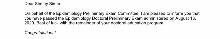 ScienceShelby's tweet photo. I passed my preliminary exam! Time to get to work on that dissertation! https://t.co/AGaXMXj2jM