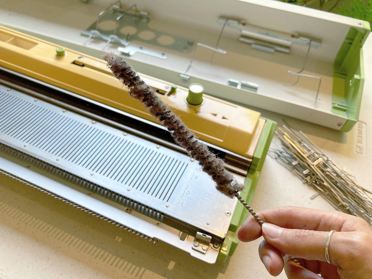 machineknits's tweet photo. Wow 😲 Just the first pass through the machine with this cleaning brush! Always makes me wonder what kinds of projects were made with these used knitting machines 😊
#knittingmachine #knitting #brothermachine #knittingclasses #RochesterNY https://t.co/5wJwAuIIJF