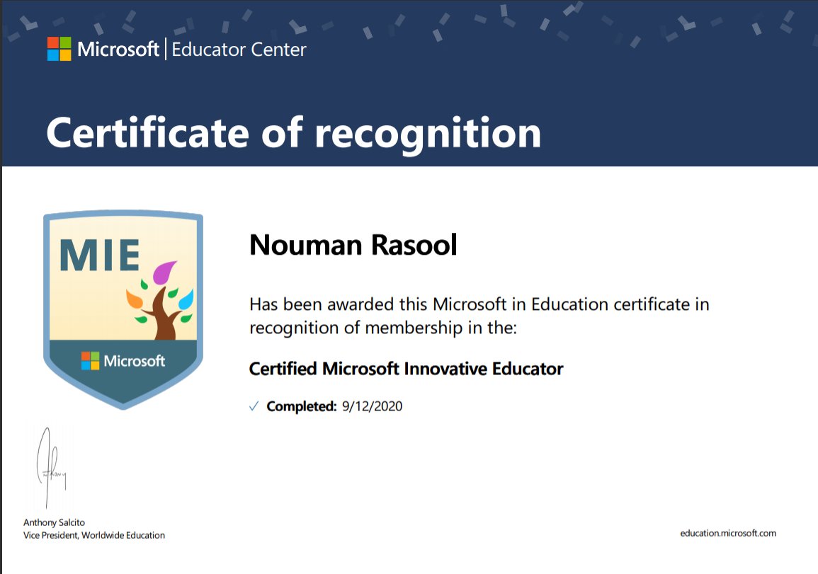 nouman_rasool's tweet photo. Alhamdulillah..!
Just got my certificate for Microsoft Innovative Educator
#Microsoft #MicrosoftStudentpartners #CMIE #MicrosoftLearnCommunityLhr https://t.co/s221XHkJ0A